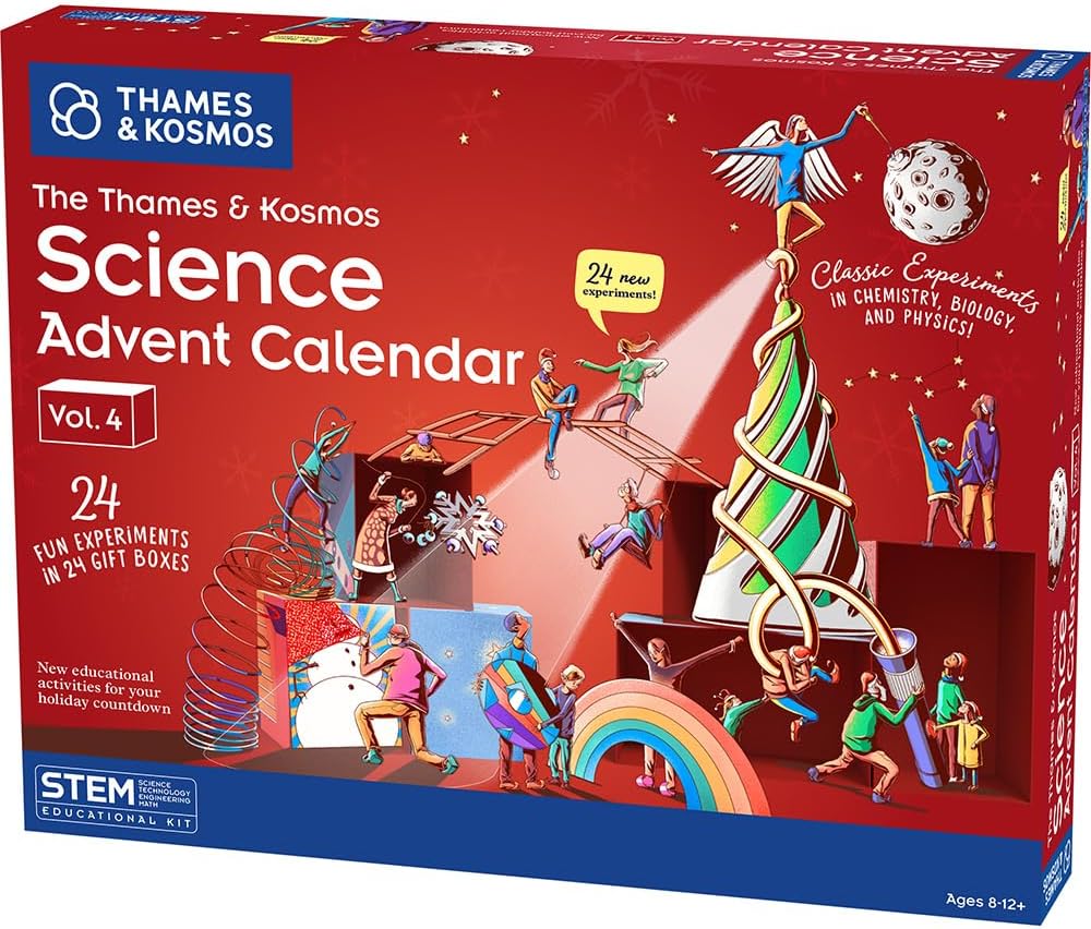 Red box for Thames & Kosmos Science Advent Calendar Vol. 4 with science-themed illustrations and 24 gift boxes.