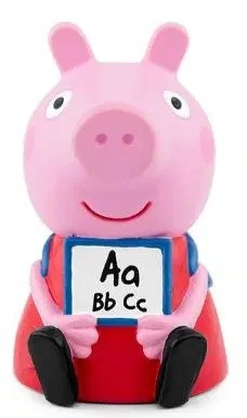 Pink Peppa Pig toy figurine in a red outfit holding a white board with the letters Aa, Bb, and Cc.