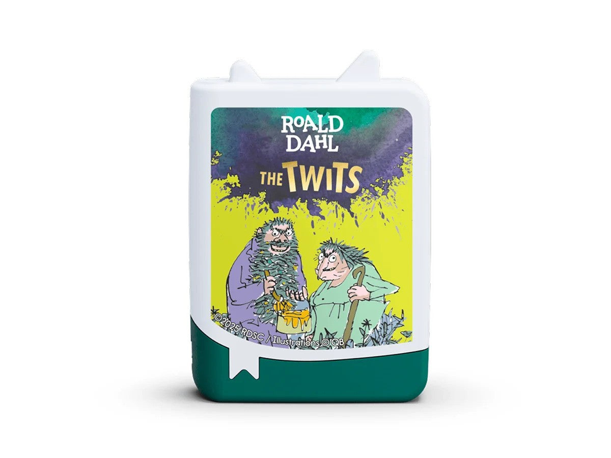 A white and green Yoto audio card for The Twits by Roald Dahl, featuring an illustration of Mr. and Mrs. Twit.