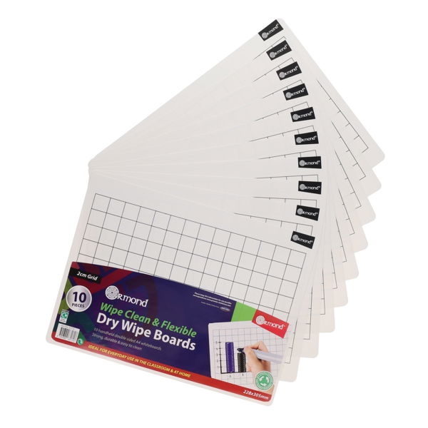 Dry Wipe Boards - 2cm Grid, 228x305mm - Pack of 10