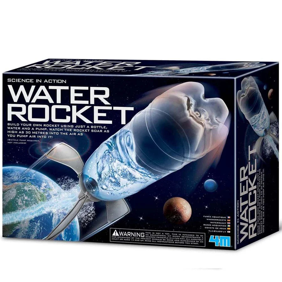 Box for 4M Water Rocket kit featuring a plastic bottle rocket launching over Earth with planetary backgrounds.