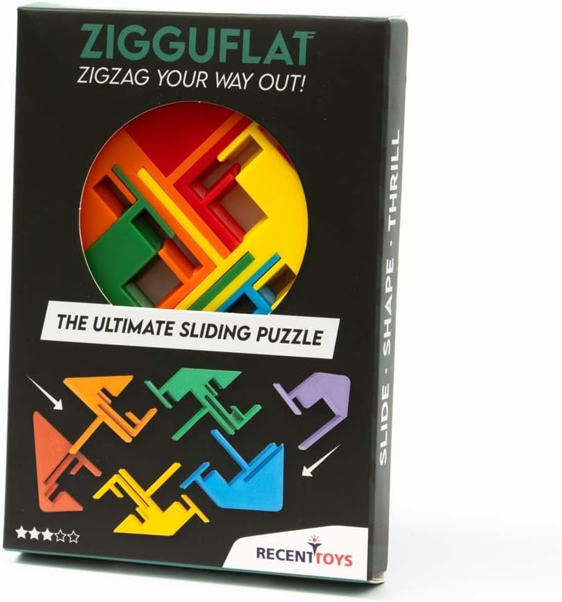 Black box for Zigguflat sliding puzzle featuring a circular window with colorful zigzag plastic pieces and difficulty stars.