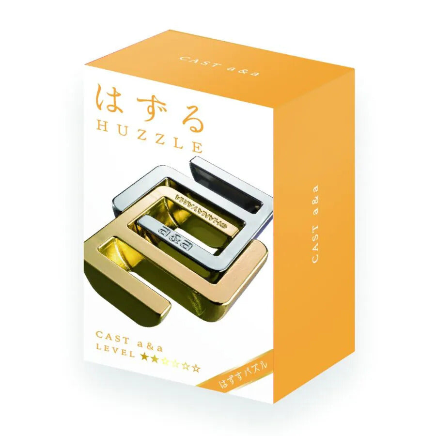 Orange and white box for a Huzzle Cast a&a puzzle, featuring interlocking gold and silver metal 'a' shaped pieces.
