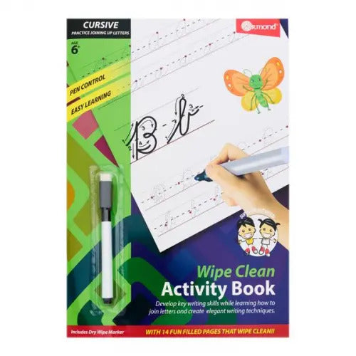 Wipe-clean cursive activity book featuring a butterfly illustration, letter tracing guides, and a dry-wipe marker.