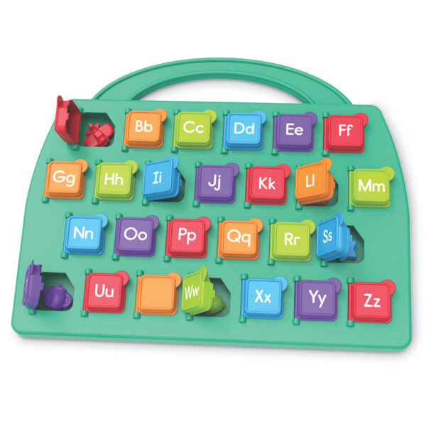 Colorful alphabet toy keyboard with letters on a white background