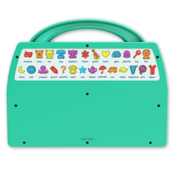 Green educational toy with colorful letters and symbols on a white background
