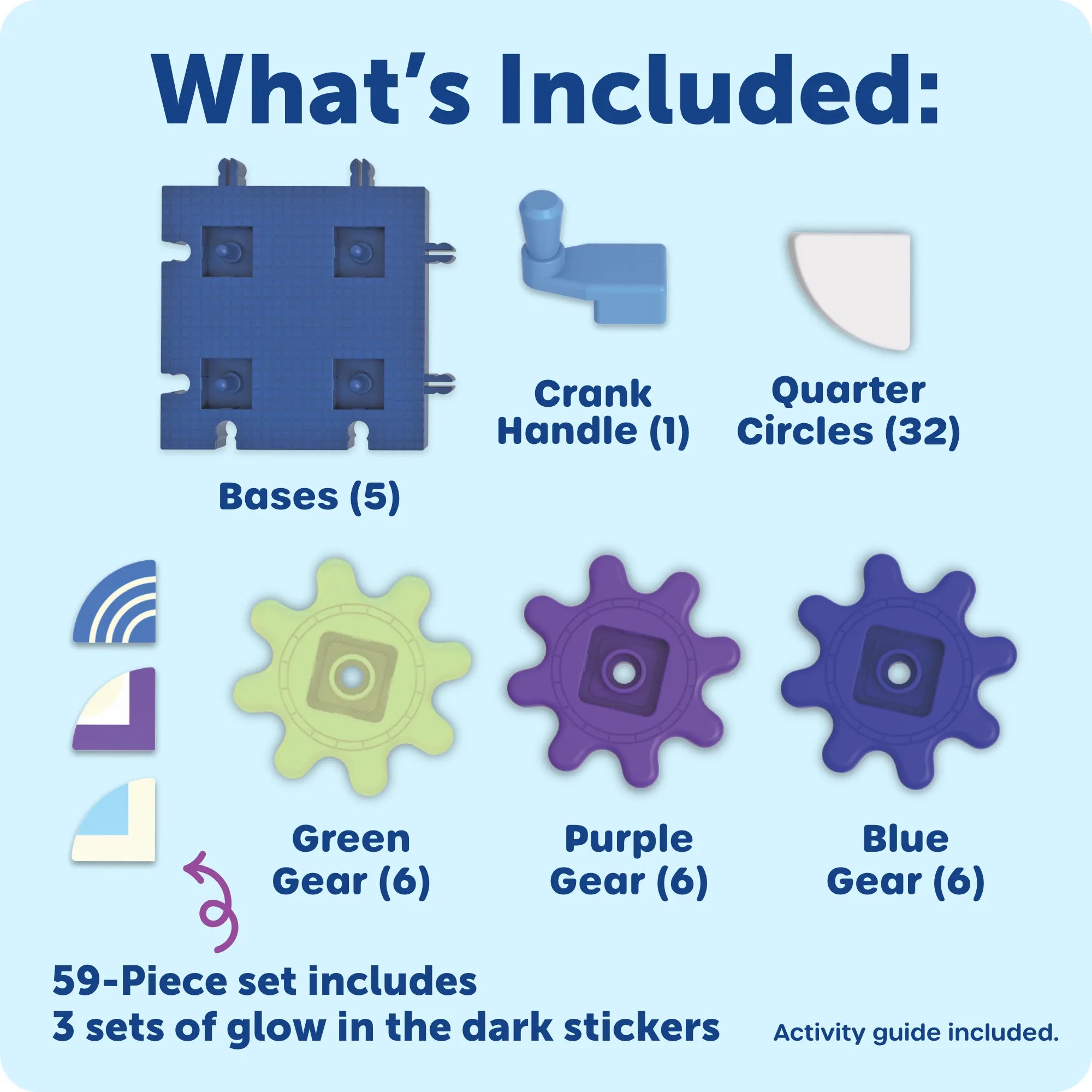 Infographic showing blue bases, a crank, white quarter circles, colorful gears, and glow-in-the-dark stickers.