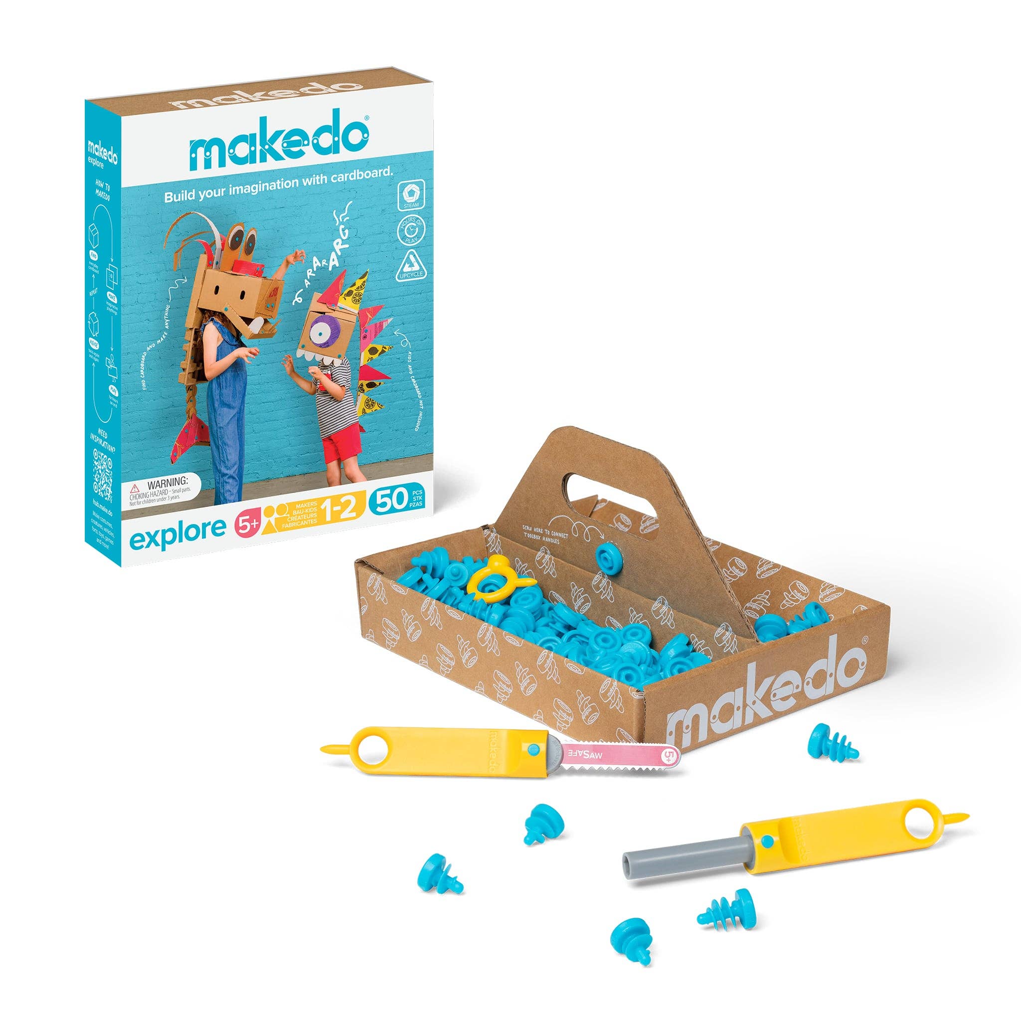 Cardboard construction kit box, tray of blue plastic screws, and yellow toy saw and screwdriver tools.