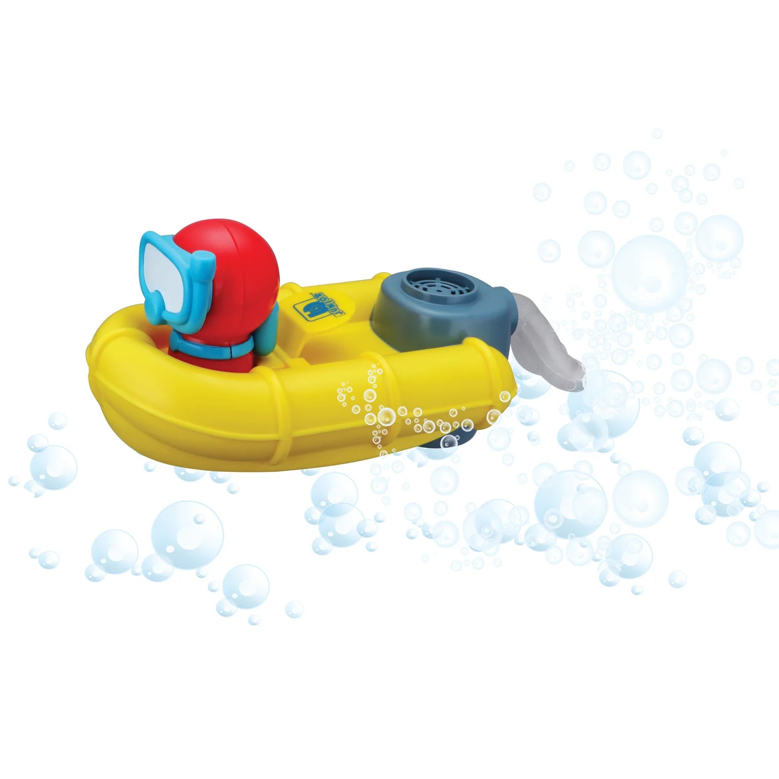 Yellow toy raft with a red diver wearing blue goggles, featuring a gray motor and a bubble trail effect.