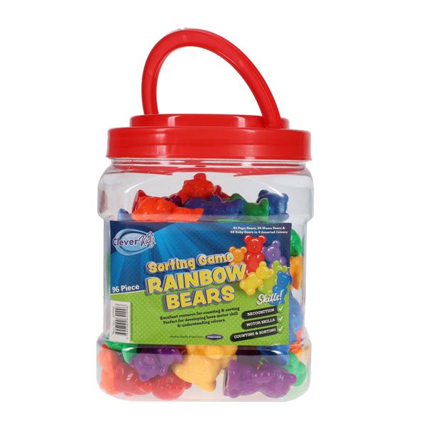 Clear plastic jar with a red lid filled with 96 colourful bear counters in three sizes and six different colours.