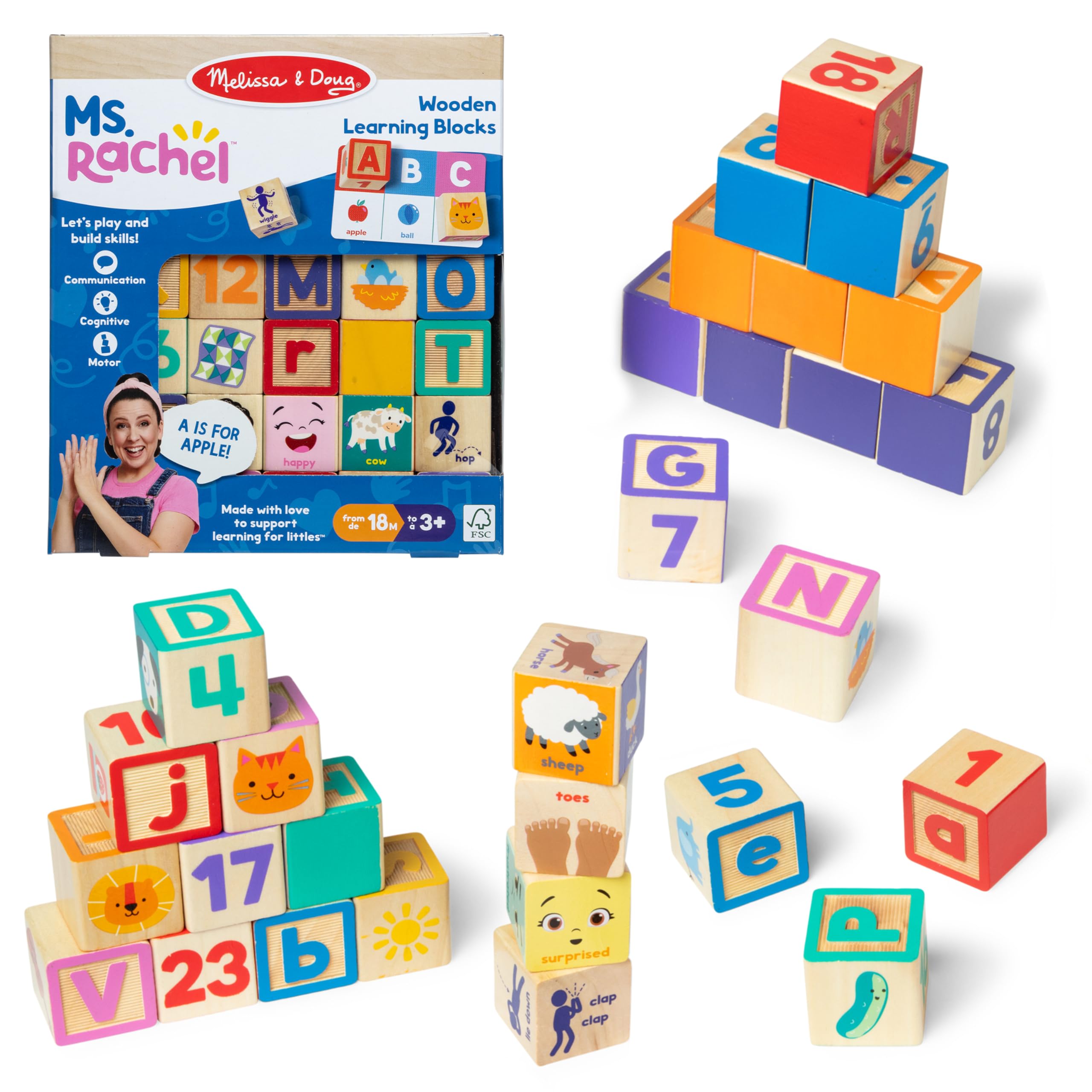 A collection of colorful wooden blocks with letters, numbers, and illustrations stacked in pyramids and scattered.