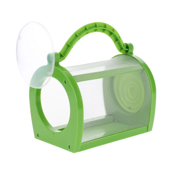 Lime green plastic and white mesh bug cage featuring a top handle and an open clear circular door.