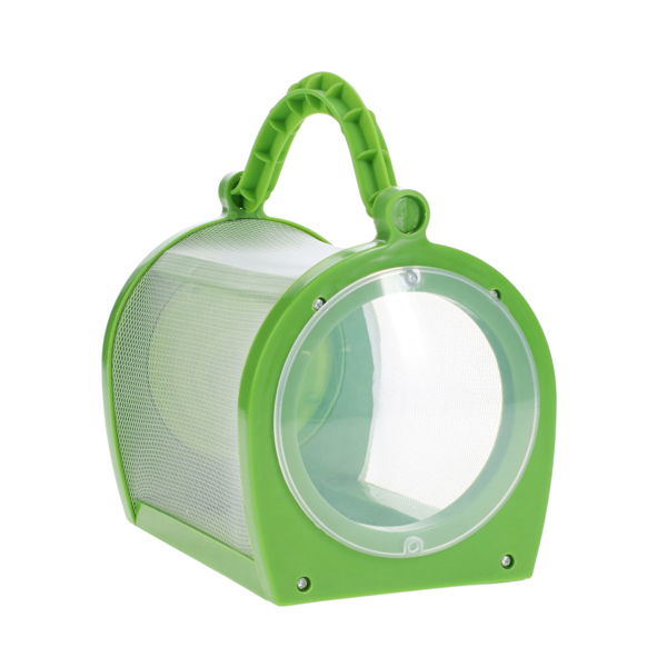 Green bug carrier with mesh sides, a top carrying handle, and a large circular clear viewing window.