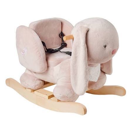 Pink plush bunny rocker with a supportive seat, black safety belt, and wooden rockers.