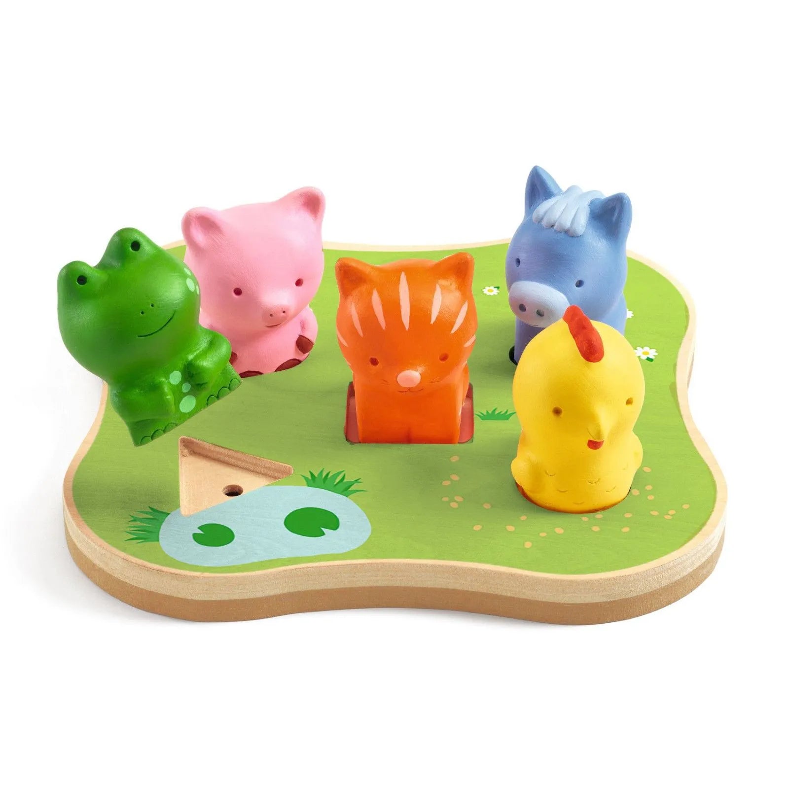 Colorful animal figures on a wooden puzzle board: green frog, pink pig, orange cat, blue horse, and yellow chick.