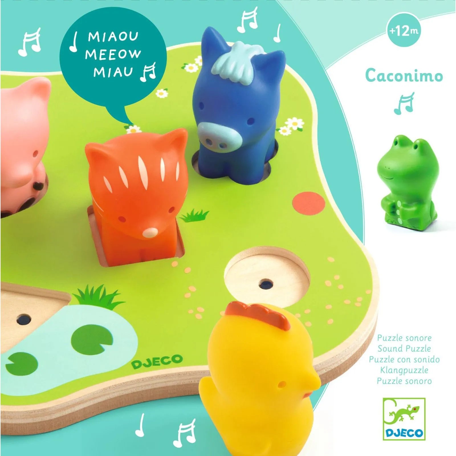 Wooden sound puzzle with colorful figures of a blue donkey, orange cat, yellow chick, pink pig, and green frog.
