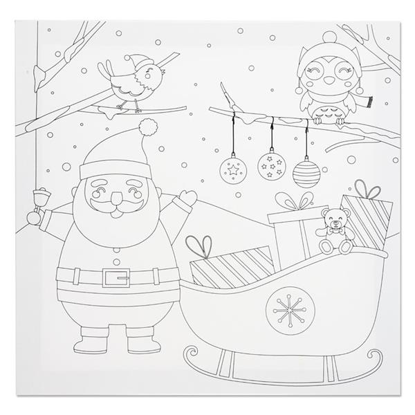 Black and white Christmas coloring page with Santa Claus, a sleigh full of gifts, and animals on snowy branches.