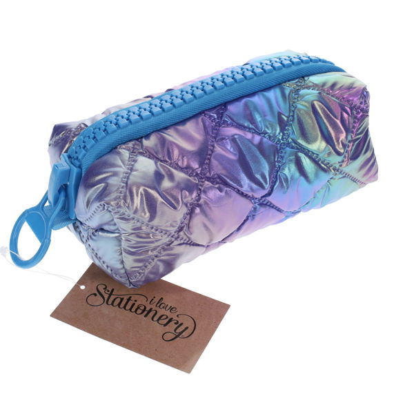 Iridescent purple and blue quilted pencil case with a large chunky blue plastic zipper.