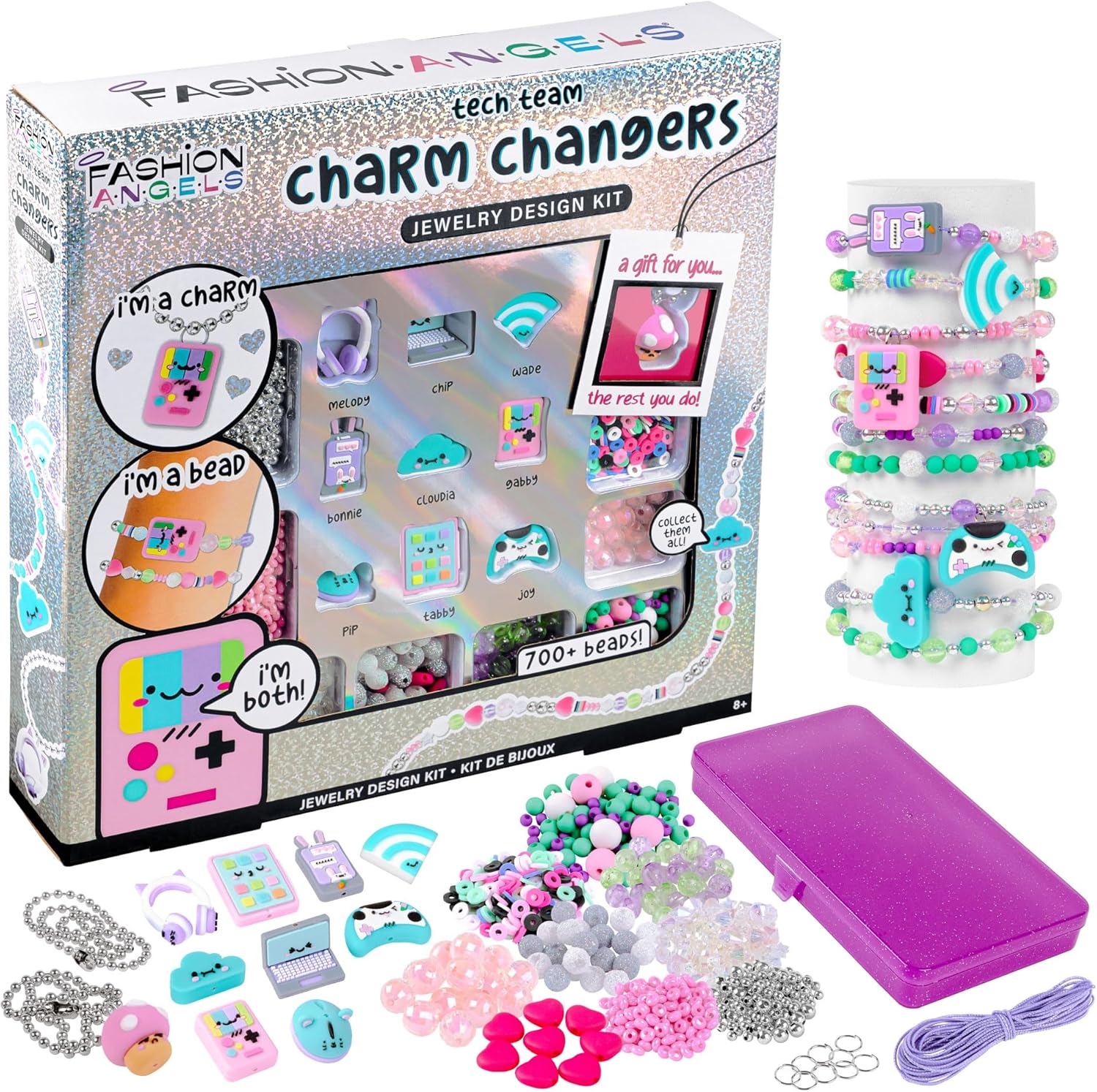 Jewelry kit with tech charms, 700+ colorful beads, silver chains, and a purple storage case in a glittery box.