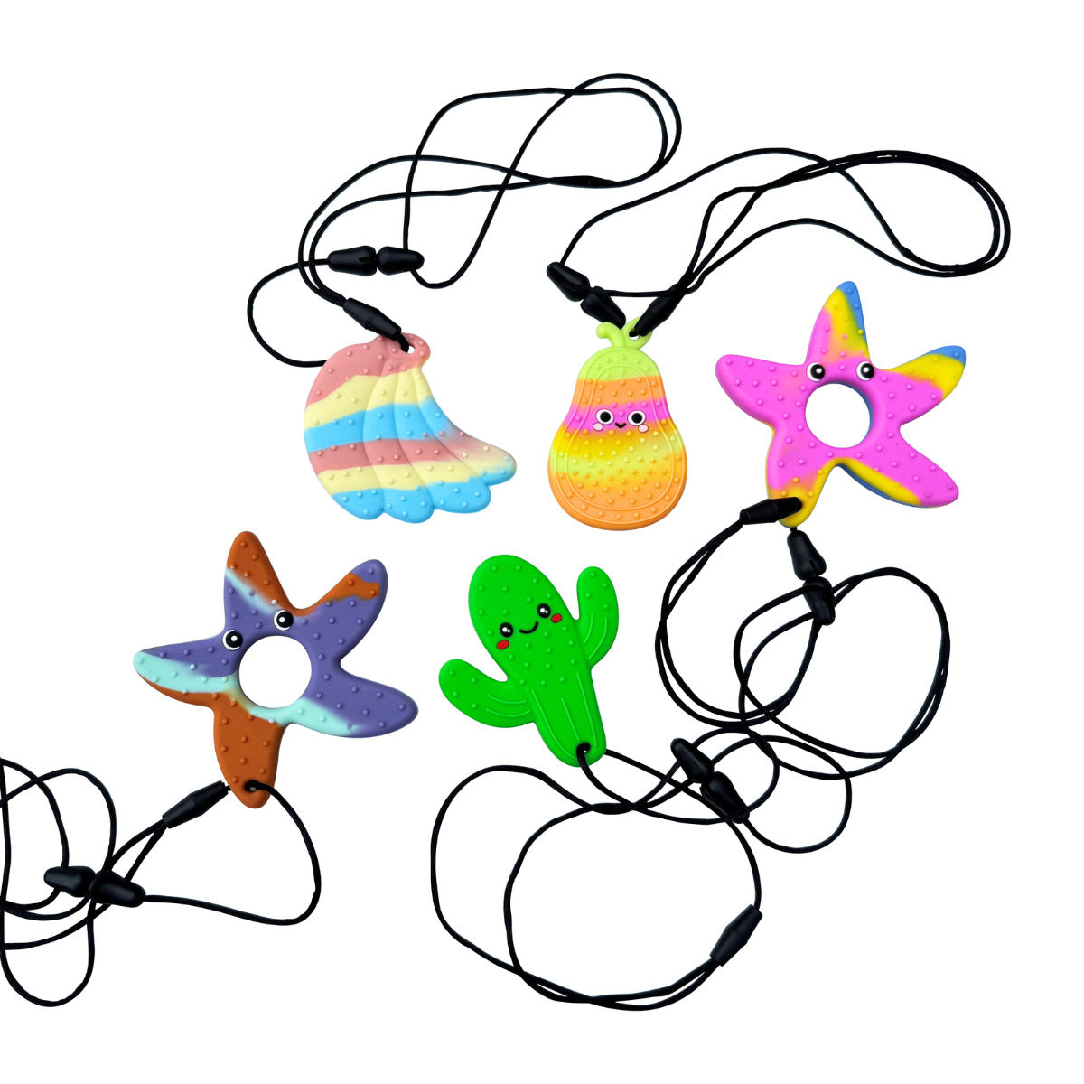 Five colorful silicone sensory necklaces in shapes of a cactus, starfish, pear, and shell on black cords.