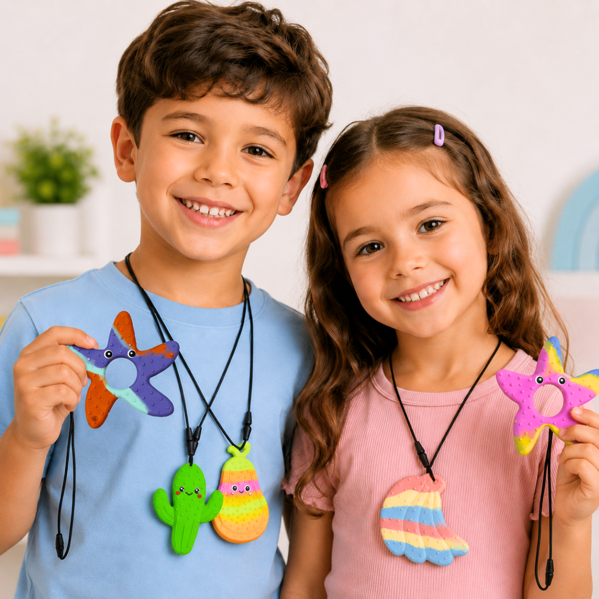 A smiling boy in a light blue shirt and a smiling girl in a pink shirt, both wearing black necklaces with colorful plush starfish pendants and holding matching starfish charms in a bright indoor setting.