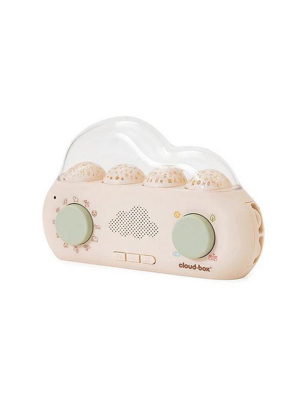 A cream-colored cloud-shaped audio player and projector with two sage green knobs and a clear dome on top.
