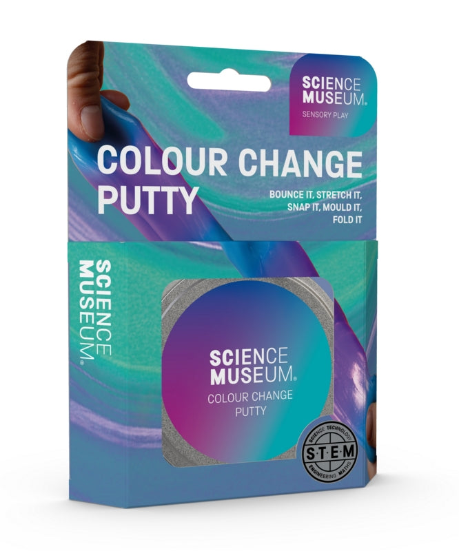 Packaging for Science Museum Colour Change Putty featuring a blue and purple gradient and a circular tin of putty.