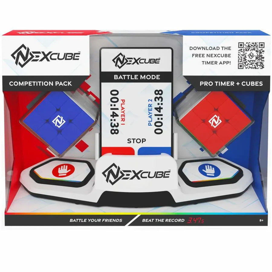 Nexcube Competition Pack packaging showing two 3x3 cubes and a central digital timer with two hand-touch pads.