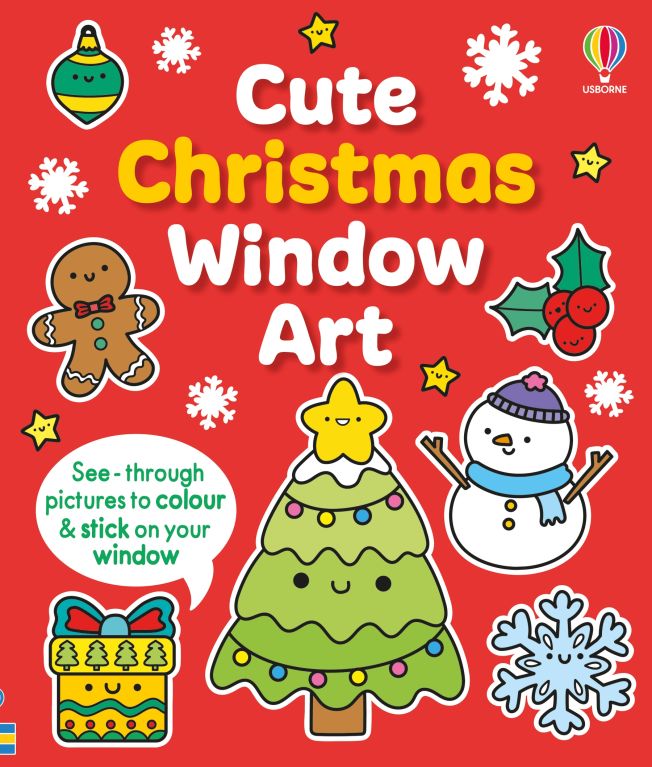 Red book cover for Cute Christmas Window Art with cartoon characters like a snowman, gingerbread man, and Christmas tree.