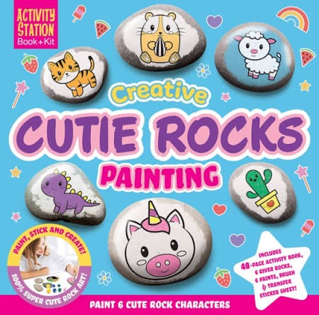 Blue box for Creative Cutie Rocks Painting kit featuring cartoon animals on painted rocks and a child crafting.