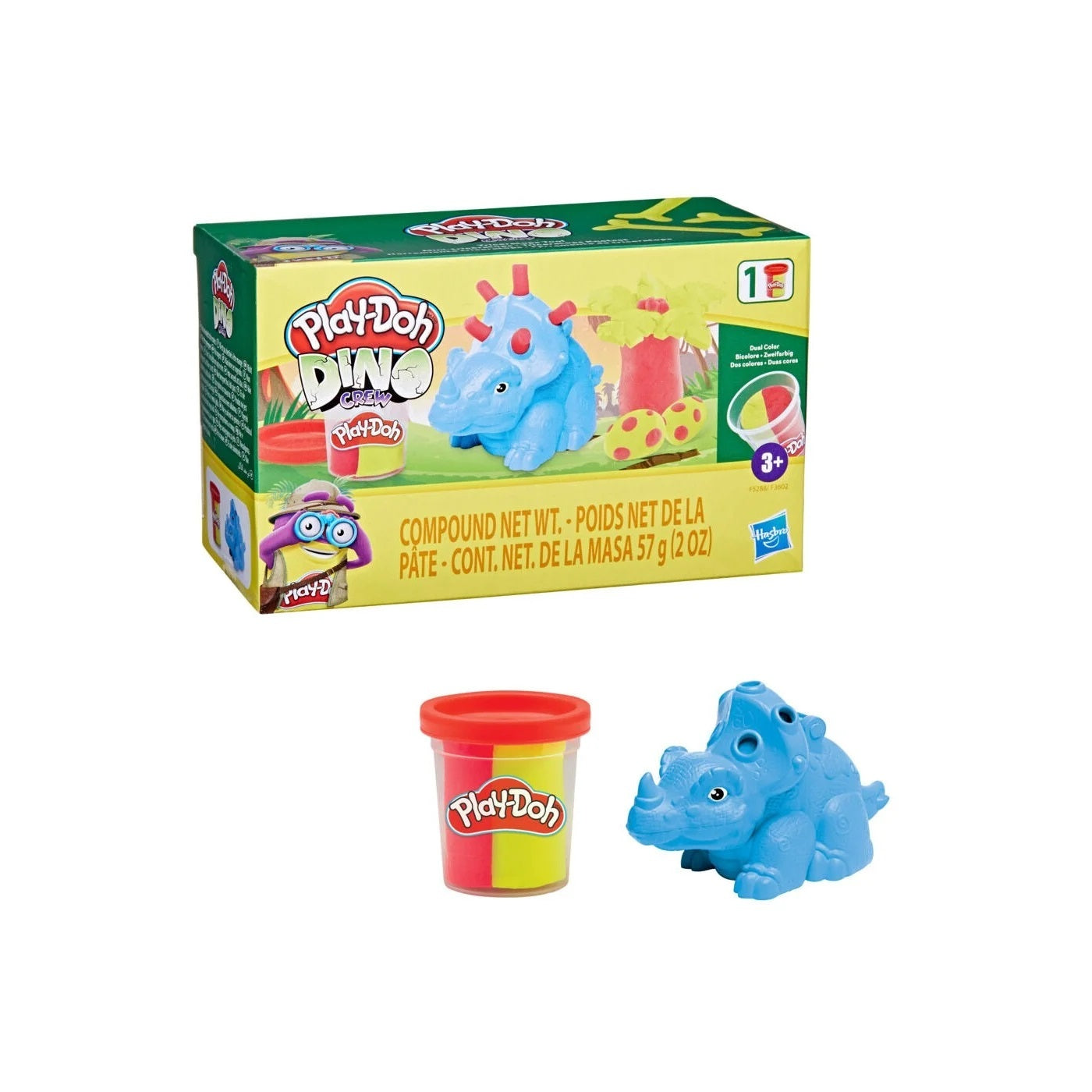 A blue plastic Triceratops toy next to a tub of red and yellow Play-Doh and its green dinosaur-themed box.