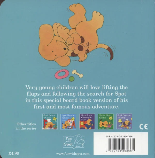 Back cover of a light blue children's book with two yellow puppies playing above text and a barcode.