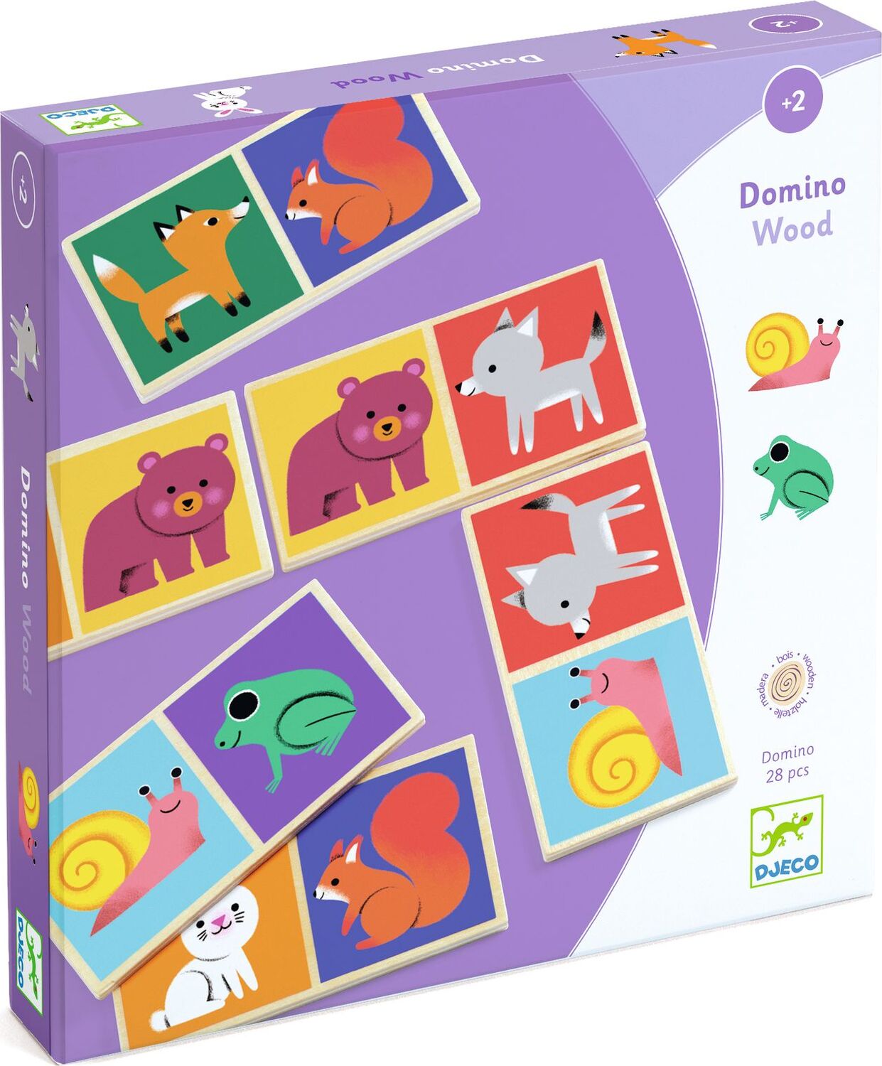 Djeco Domino Wood box showing thick wooden tiles with colorful animal illustrations like foxes, bears, and frogs.