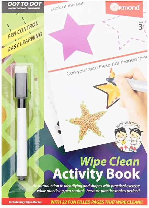 A green and purple Wipe Clean Activity Book featuring a pink star and a dry-wipe marker in a plastic blister pack.