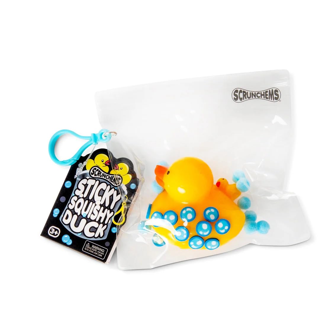 Yellow sticky squishy duck toy with blue sensory balls inside a clear bag with a blue keychain clip and product tag.