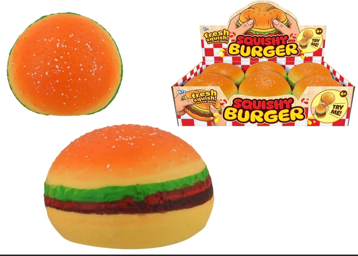 Realistic hamburger squishy toy showing bun, lettuce, and patty layers next to its retail display box.