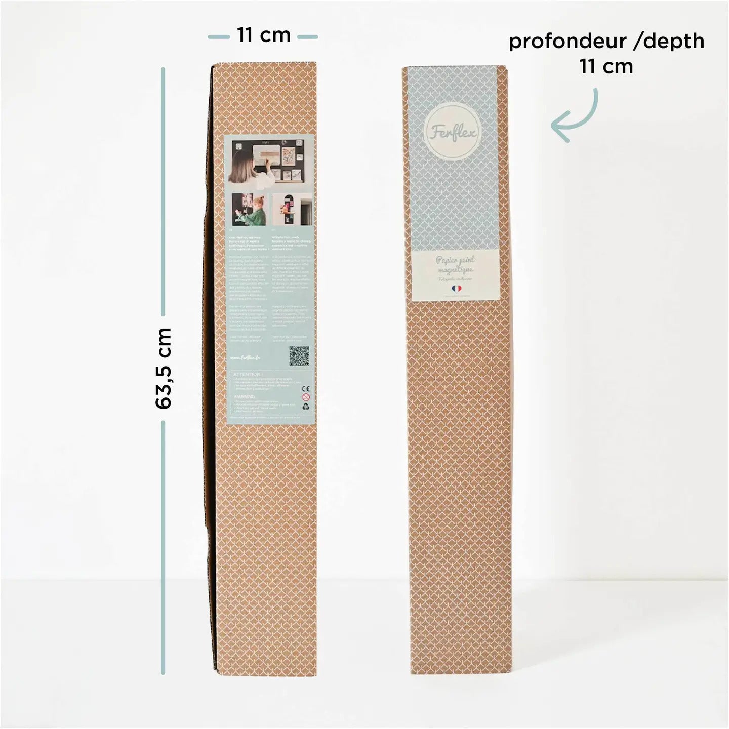 Tall rectangular packaging for Ferflex magnetic wallpaper with dimensions 63.5 cm by 11 cm indicated on the side.