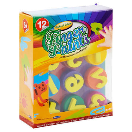 A colorful box of World of Colour Finger Paints showing 12 pots with yellow foam number stamps through a clear window.