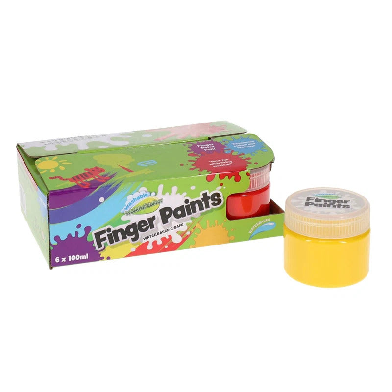 A green box of 6 finger paints with a tiger graphic and a single yellow paint pot sitting next to it.