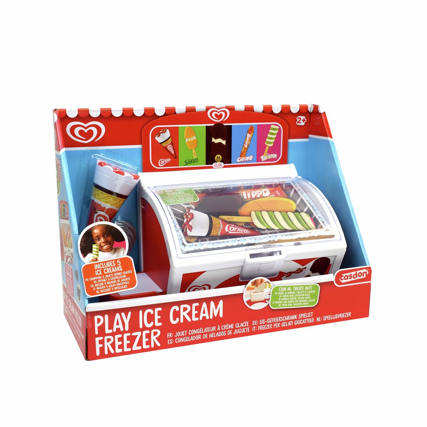 Red and white toy ice cream freezer box with five branded plastic ice cream treats and coin slot.
