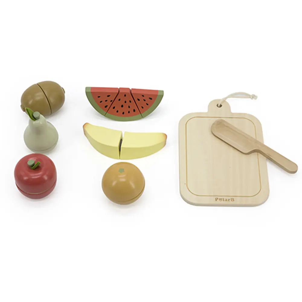 Wooden play food set featuring segmented fruit, a cutting board, and a knife in soft, muted tones.