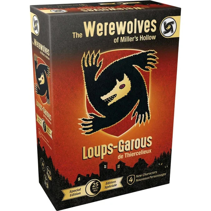25th Anniversary edition game box for The Werewolves of Miller's Hollow featuring a stylized black werewolf on a red shield.