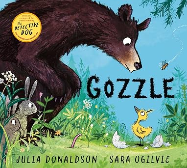 Book cover of Gozzle showing a large brown bear looking down at a small yellow chick in a forest with rabbits.