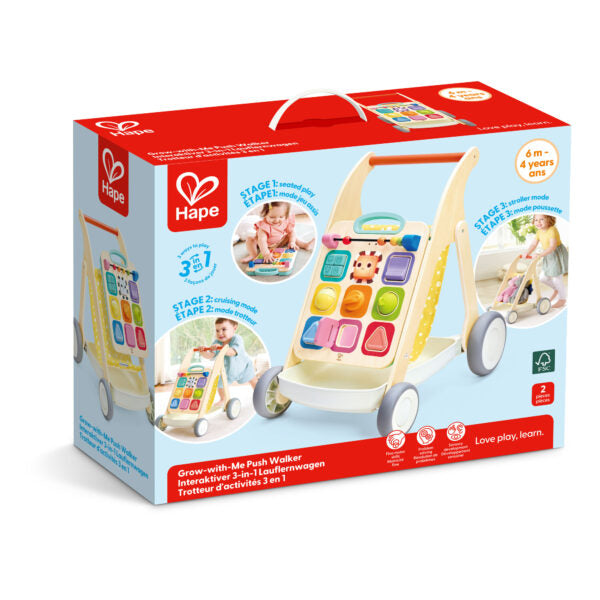Packaging for Hape Grow-with-Me Push Walker showing the wooden walker and illustrations of its three play stages.
