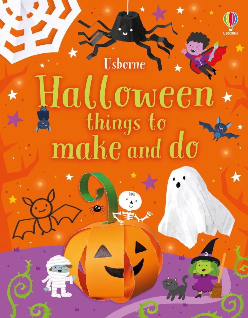 Orange book cover titled Usborne Halloween things to make and do, featuring a paper pumpkin, a ghost, and a spider.