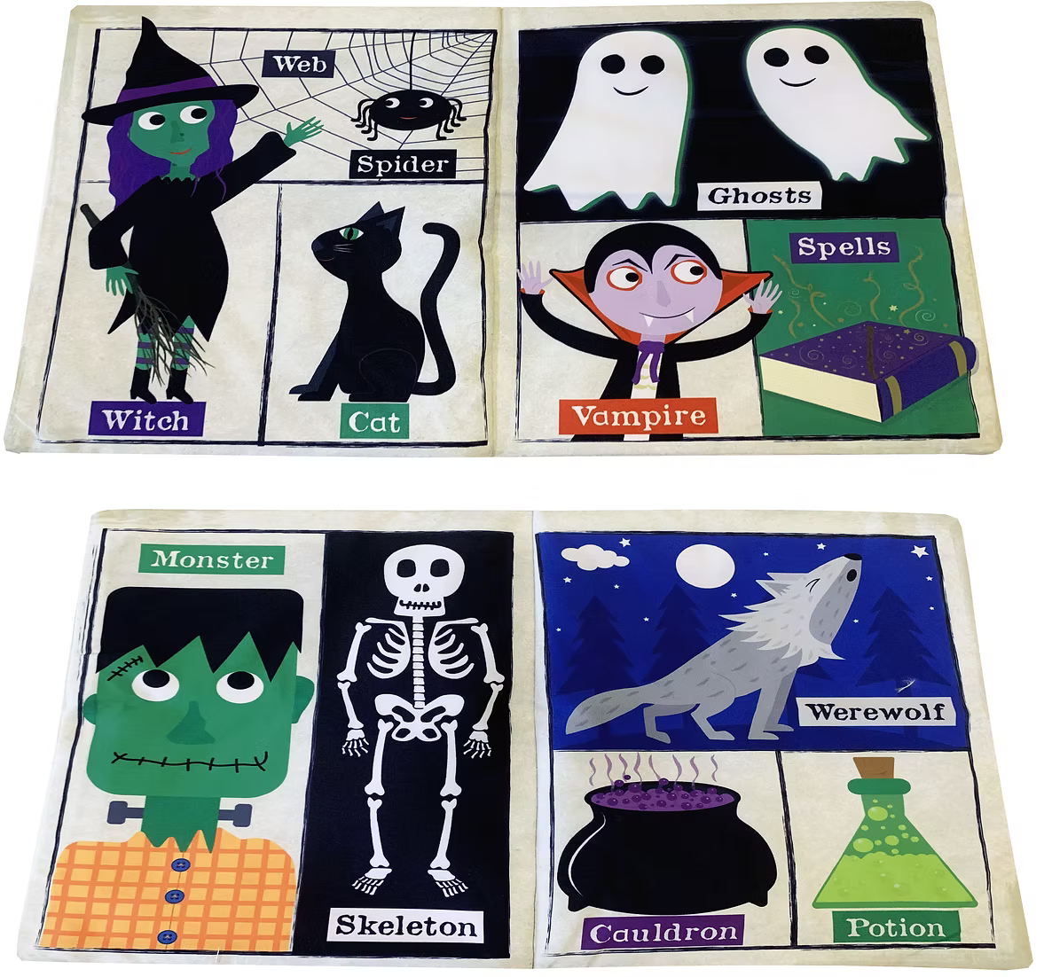 Colorful Halloween cloth book pages featuring a witch, ghost, vampire, monster, and skeleton with simple text labels.
