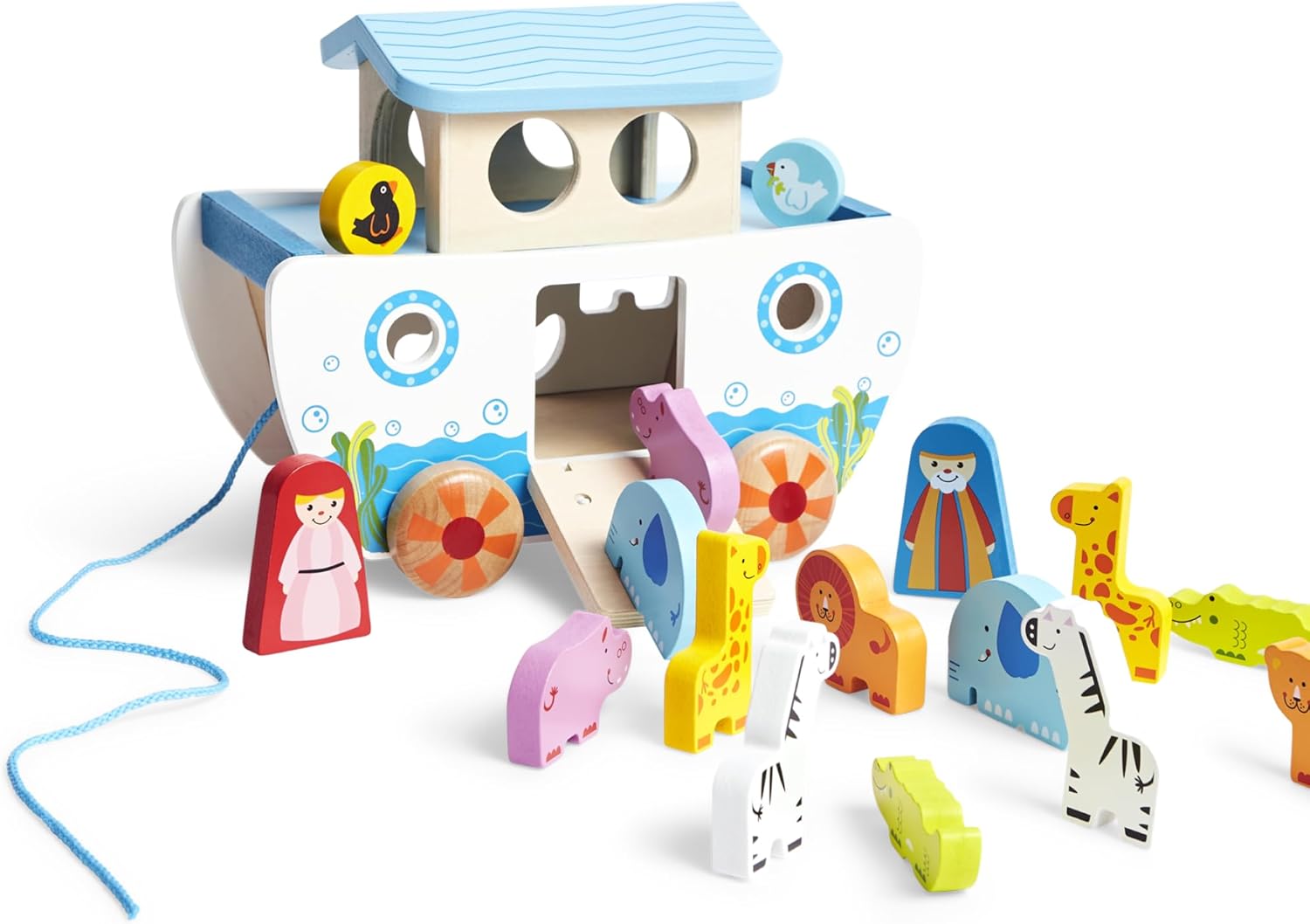 Colorful wooden ark with a blue roof, pull string, ramp, and several animal figures like giraffes and elephants.