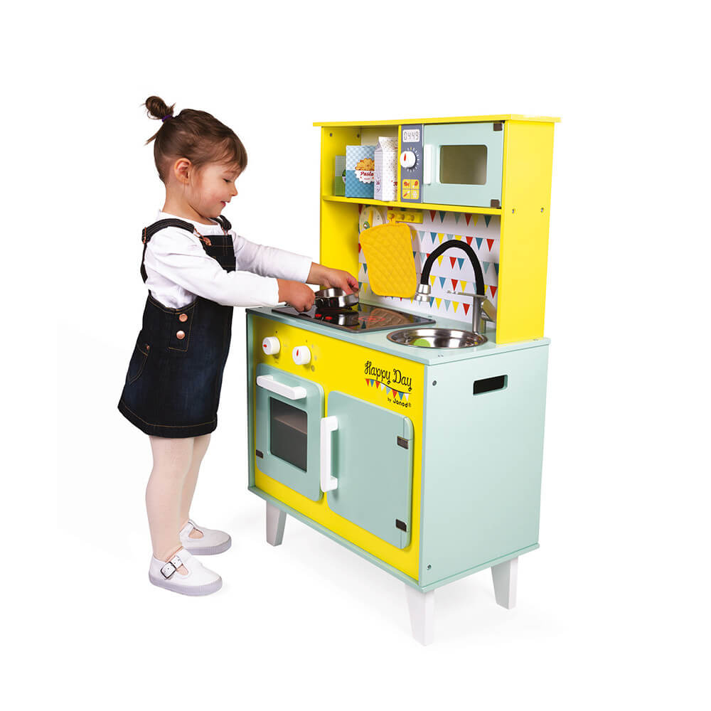 Janod - Big Kids Wooden Kitchen - Happy Day - Pretend Play Toy Kitchen - Age 3 +