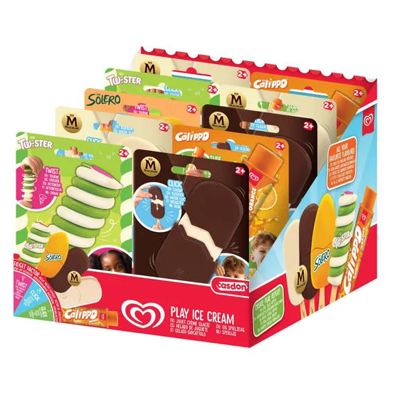 A red display box filled with toy ice creams like Magnum and Twister featuring interactive fidget mechanisms.