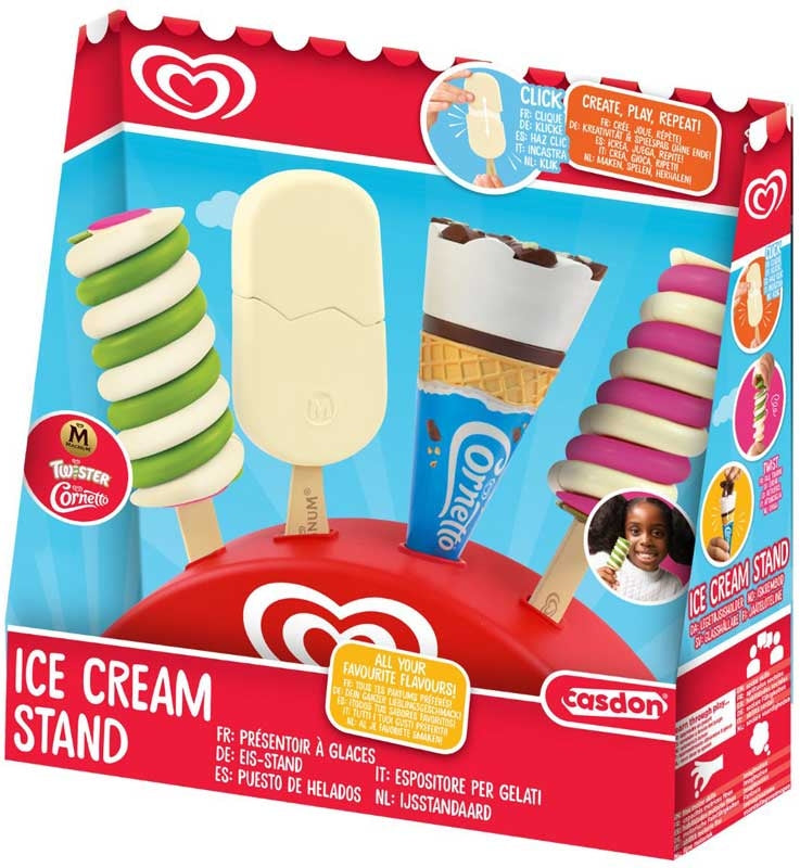 Packaging for Casdon Ice Cream Stand showing four colorful plastic ice cream treats on a red branded base.